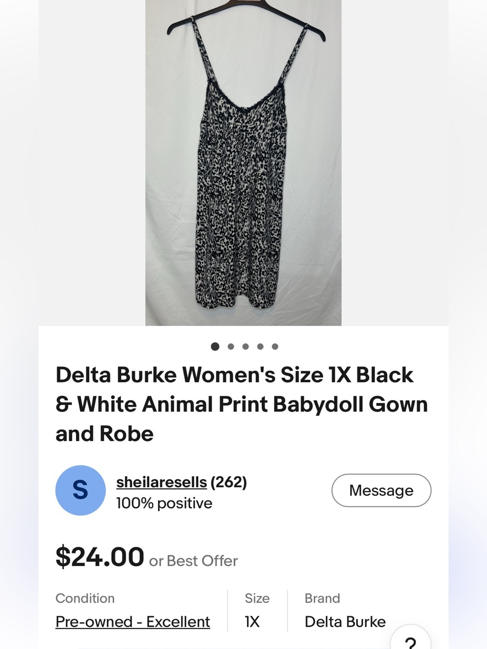 DELTA BURKE plus SZ 3X Black & White Printed Slip gown w front lace adj straps - Picture 7 of 10